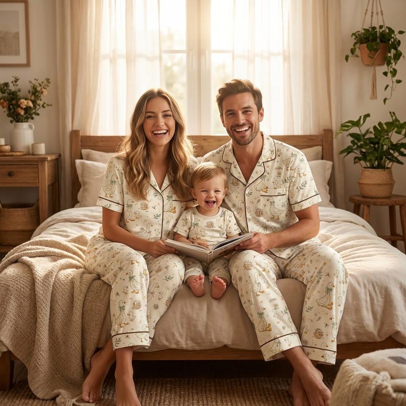 May include: Matching pajama sets for a family of three. The cream-colored pajamas feature a whimsical pattern of ducks and foliage, with black trim. The family is sitting on a bed, smiling and reading a book.