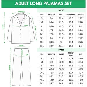 K&ouml;nnte beinhalten: Diagramm eines langen Schlafanzug-Sets f&uuml;r Erwachsene, einschlie&szlig;lich Hemd und Hose. Das Hemd hat einen Kragen und Kn&ouml;pfe, mit Ma&szlig;en f&uuml;r L&auml;nge, Brust, Schulter und &Auml;rmel. Die Hosenma&szlig;e umfassen L&auml;nge, Taille, Schritt und H&uuml;fte.