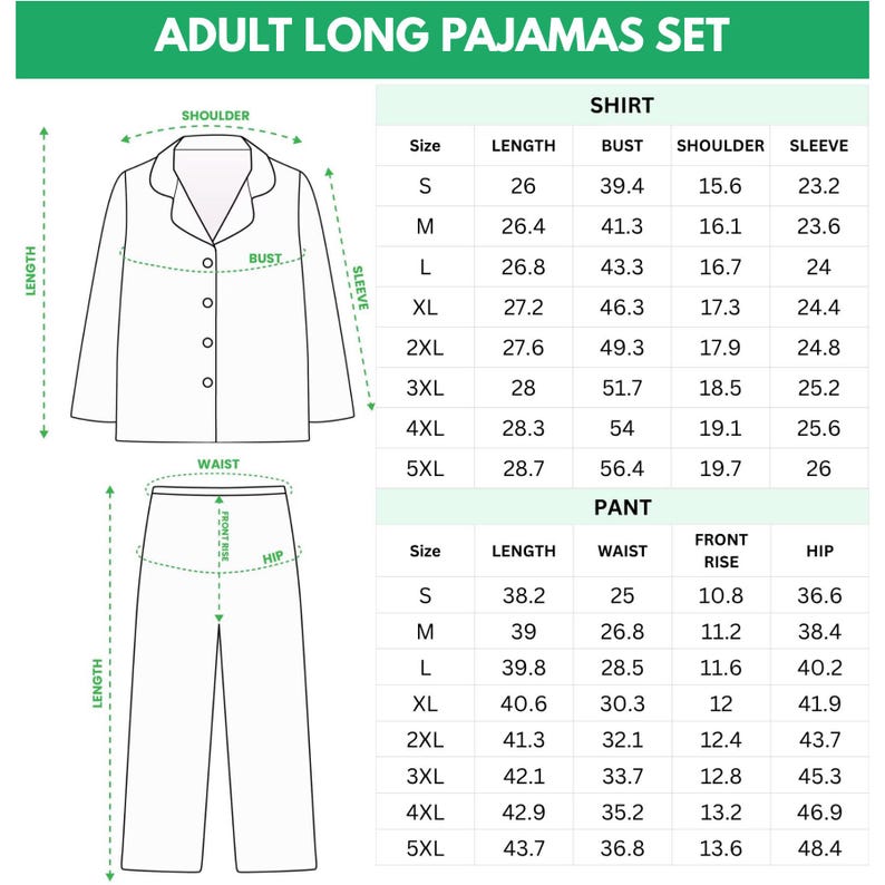 K&ouml;nnte beinhalten: Diagramm eines langen Schlafanzug-Sets f&uuml;r Erwachsene, einschlie&szlig;lich Hemd und Hose. Das Hemd hat einen Kragen und Kn&ouml;pfe, mit Ma&szlig;en f&uuml;r L&auml;nge, Brust, Schulter und &Auml;rmel. Die Hosenma&szlig;e umfassen L&auml;nge, Taille, Schritt und H&uuml;fte.