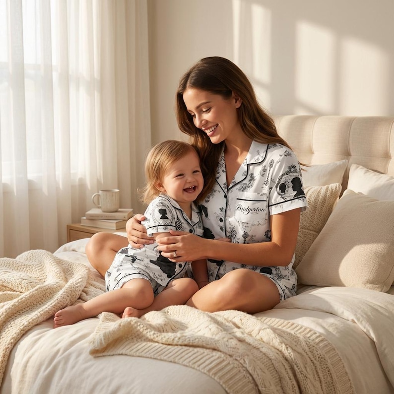 Op de afbeelding: Bijpassende wit-zwarte pyjamasets met een silhouetontwerp. De sets bevatten een overhemd met korte mouwen en een korte broek. Het woord "Bridgerton" staat op de top gedrukt. Een vrouw en een kind dragen de pyjama's.