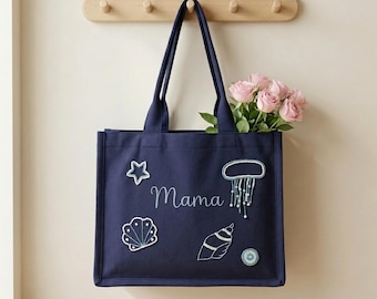 Personalized Embroidered Canvas Tote Bag, Mother's Day Gift for Mom, Beaded Mama Bag, Custom Name Canvas Tote, Summer Tote Bag