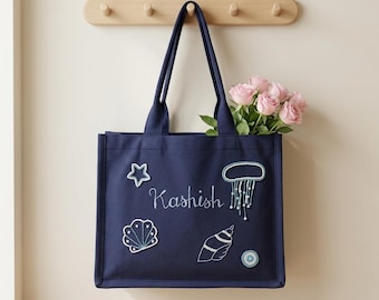 Personalized Boho Hand Embroidered Canvas Beaded Tote Bag, Monogrammed Tote Bag, Custom Name Tote Bag, Magnetic Button Closure, Gift for her