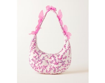 Handmade White Corduroy Crescent Shoulder Bag with Butterfly Strap –Lightweight Everyday bag- Gift for Her