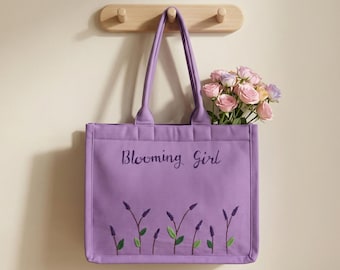 Hand Embroidered Canvas Tote Bag for Women, Boho Embroidered Purple Shoulder Bag, Reusable Everyday Work Bag, Gift for Her, Birthday Gift