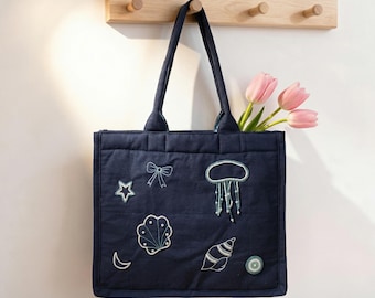 Hand Embroidered Beaded Canvas Tote Bag, Navy Blue Women Shoulder Bag, Work Tote with Magnetic Closure