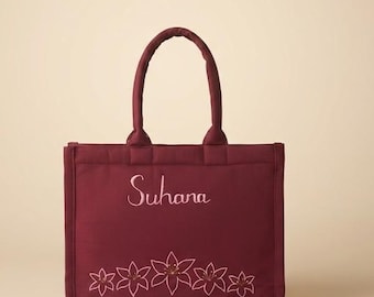 Personalized Hand Embroidered Name Tote Bag, Custom Name Canvas Tote, Handmade Boho Maroon bag, Personalized Gift for Her, Birthday gift
