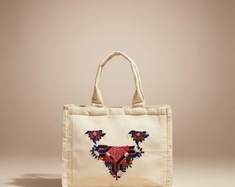Embroidered Canvas Tote Bag, Aesthetic Tote Bag for Women, Medium Structured Tote Bag, Boho Ethnic Canvas Tote, Everyday Shoulder Bag