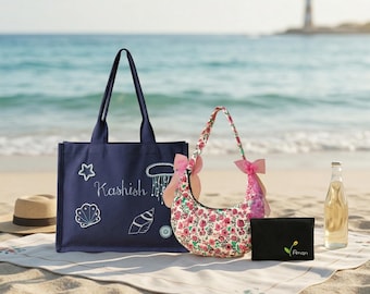 Personalised Embroidered Canvas Tote Bag Set, Corduroy Crescent Bag & Mini Wallet, 3-Piece Handmade Bundle, Summer Tote Bag, Gift for Her