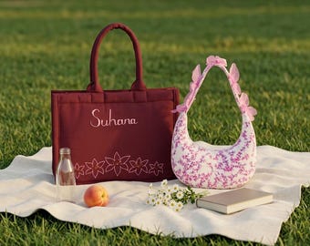 Personalized Embroidered Tote Bag & Corduroy Crescent Bag Bundle, Custom Name Tote, Canvas Tote, Butterfly Shoulder Bag, Gift for Her