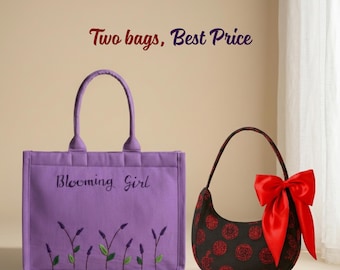 Purple Hand Embroidered Canvas Tote Bag & Black Corduroy Crescent Bag Bundle | Embroidered Tote Bag | Bow Shoulder Bag | Gift for her