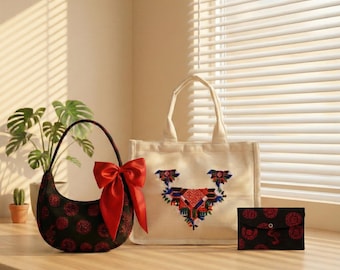 Embroidered Canvas Tote Bag, Crescent Shoulder Bag and Corduroy Wallet Set, 3-piece Bags Bundle, Everyday Travel & Beach Bag, Gift for Her