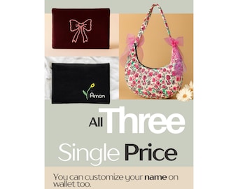 Handmade 3-Piece Bag and Wallet Bundle – Beige Corduroy Boho Shoulder Bag, Embroidered Bow Wallet, Personalized Name Wallet - Gift for her