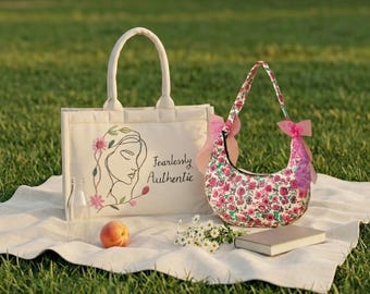 Embroidered Canvas Tote and Corduroy Crescent Bag Set, Bridesmaid Gift, Beach & Weekender Bag, Gift for Mom, Everyday Tote Bag