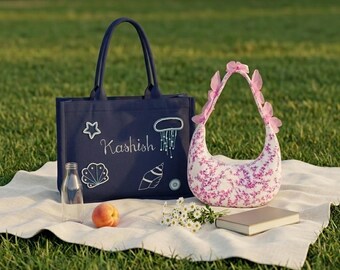 Custom Embroidered Canvas Tote and Corduroy Crescent Bag Set, 2 Piece Bag Set, Bridesmaid Gift, Weekender Tote Bag, Personalised Canvas Tote