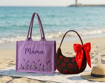 Personalised Embroidered Canvas Tote & Corduroy Crescent Bag Set, Custom Name Tote, Beach and Everyday Tote, Gift for Mom, Bridesmaid Gift