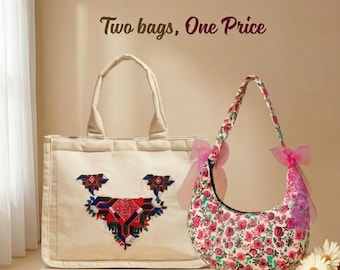 Embroidered Canvas Tote bag and Corduroy Crescent Bag Bundle, Cute Bag Combo, Canvas Tote Bag, Everyday Bag, Large Size Tote, Gift for her