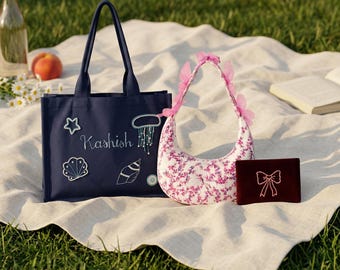 Personalised Embroidered Tote Bag Set, Hand Embroidered Tote bag, Corduroy Crescent Shoulder Bag, Mini Hand Embroidered Wallet, Gift for her