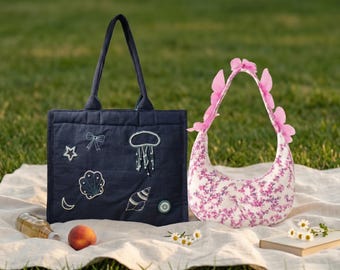 Embroidered Canvas Tote & Corduroy Crescent Bag Bundle, 2 Piece Bag Set, Beach and Travel Tote, Everyday Bag, Birthday Gift for Mom