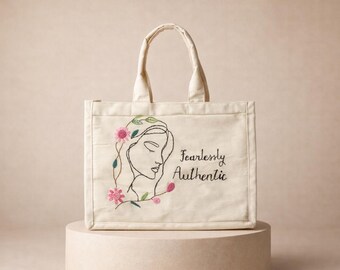 Hand Embroidered Canvas Tote Bag for Women, Aesthetic Boho Tote Bag, Inspirational Quote Tote, Cute Reusable Shopping Bag, Gift for Her