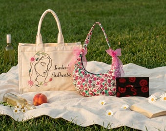 Embroidered Canvas Tote Bag + Corduroy Crescent Shoulder Bag and Corduroy Wallet Set, Handmade Bag Bundle of 3, Everyday Tote, Gift for Her