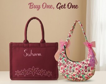 Personalized Embroidered Canvas Tote Bag & Boho Corduroy Crescent Shoulder Bag Bundle, Monogrammed tote bag, Handmade Gift Bundle for her