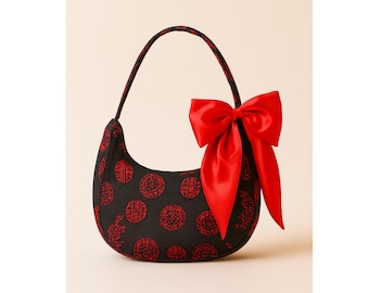 Handmade Black Corduroy Crescent Shoulder Bag with Red Silk Bow – Cute Boho Crescent Bag – Boho Chic Handbag – Gift for Her