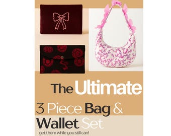 3- in- 1 Handmade Bag and Wallet Gift Set – White Corduroy Boho Crescent Bag, Maroon Embroidered Bow Wallet & Black Large Wallet for Women