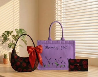 3 Bag Bundle Set, Hand Embroidered Canvas Tote, Black Corduroy Crescent Shoulder Bag, Corduroy Large Wallet, Everyday Work Bag, Gift for her