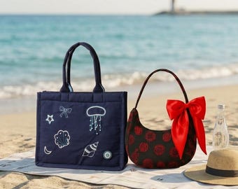 Beaded Canvas Tote & Corduroy Crescent Bag Set, Gift for Mom, Everyday Essentials and Weekender, Birthday Gift, Hand Beaded Tote, Beach Bag