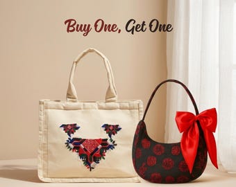 Boho Embroidered Canvas Tote Bag and Black Corduroy Crescent Bag Bundle, Aesthetic Tote Bag, Handmade Tote & Shoulder Bag Set, Gift for Her