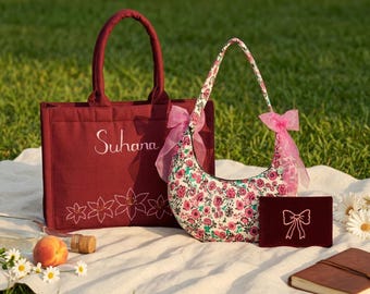 Personalised Embroidered Canvas Tote & Corduroy Crescent Bag Set, 2 Piece Bag Set, Everyday Essentials and Weekender, Birthday Gift for Her