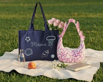 Personalised Embroidered Canvas Tote & Crescent Bag Set, 2-Piece Bags Set, Custom Name Canvas Tote, Gift for Mom, Bridesmaid Gift