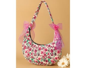 Beige Crescent Corduroy Bag with Pink Bows – Handmade Cute Boho Shoulder Bag for Girls & Women, Birthday Gift for her