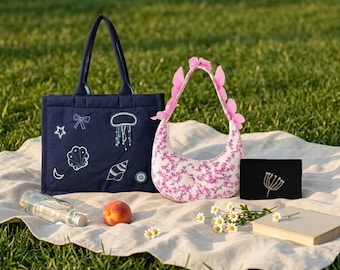 Embroidered Canvas Tote, Corduroy Crescent Bag & Mini Wallet – 3-in-1 Boho Bag Set, Bridesmaid Gift, Beach and Weekender Bag, Gift for Her