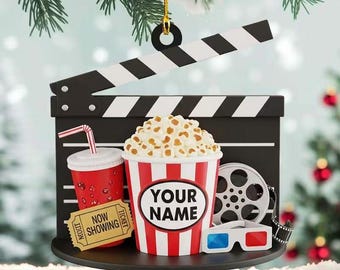 Personalized Movie Night Christmas Ornament, Acrylic Popcorn and Clapperboard Design with Custom Name, Gift for Film Lovers and Families