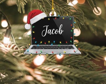 Custom Name Laptop Christmas Ornament for Jacob, Tech-Themed Xmas Decor, Geek Gift for Coder, Office Worker, or Student, Merry Christmas
