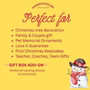 May include: Yellow background with text and a snowman illustration. Text includes "Perfect for" followed by a list of gift ideas, and "Gift Box Add-On". The snowman wears a hat, scarf, and holds branches.