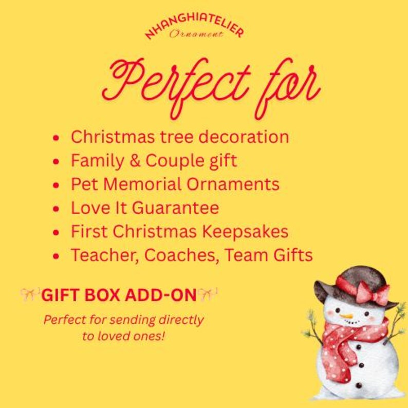 May include: Yellow background with text and a snowman illustration. Text includes "Perfect for" followed by a list of gift ideas, and "Gift Box Add-On". The snowman wears a hat, scarf, and holds branches.
