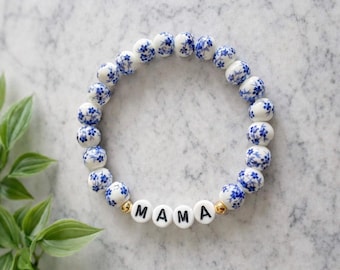 Personalized Blue Floral Name Bracelet | Mama Mimi Gigi Auntie Nana Mrs Grandma | Mother’s Day Gift, Bridesmaid Favor | Porcelain Gold Bead