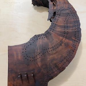 May include: A handcrafted cribbage board made from a dark, richly-grained piece of wood. The board features numerous drilled holes for pegs and a unique, organic shape. Three metal pegs are inserted at the bottom.