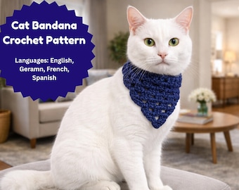 Padrão de crochê para bandana de gato em PDF | Bandana fácil para animais de estimação com coleira | Tamanhos ajustáveis | Padrão de crochê multilíngue