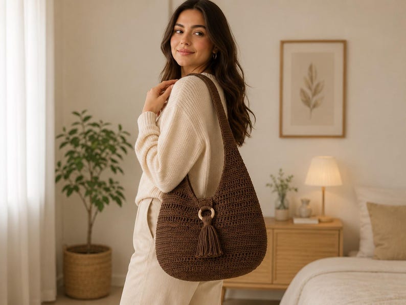 May include: A dark brown crochet hobo bag featuring a wide shoulder strap and a circular wooden ring accent at the centre front. A matching dark brown yarn tassel hangs from the wooden ring, adding texture to the solid, woven fabric construction.