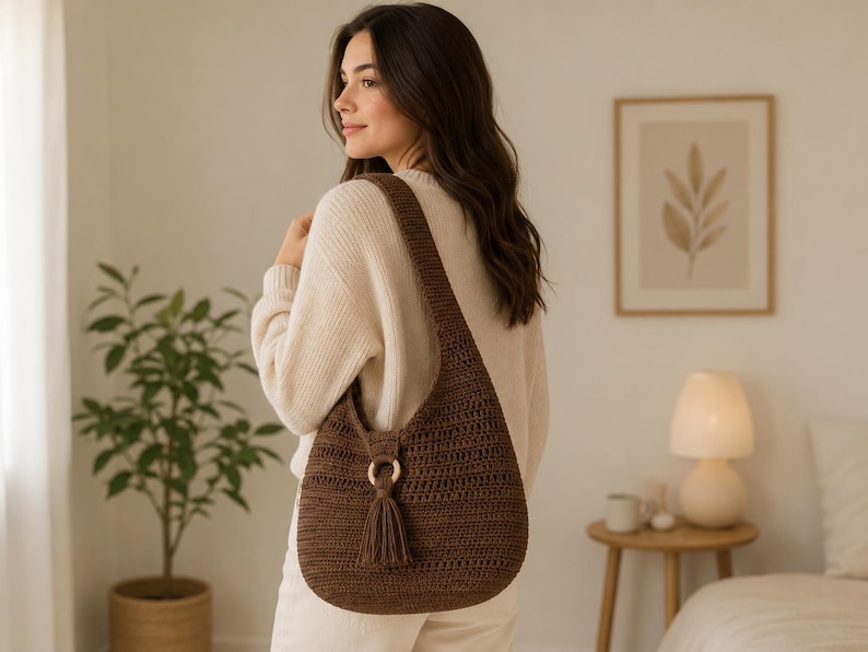 May include: A dark brown crochet hobo bag featuring a wide shoulder strap, a circular wooden ring accent, and a matching yarn tassel. The bag has a textured, woven stitch pattern and a curved, slouchy silhouette that hangs from the shoulder.