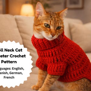 Op de afbeelding: Een rode tijgerkat draagt een felrode, rolkraag gehaakte trui. De kat zit op een beige bank. De afbeelding bevat de tekst "Roll Neck Cat Sweater Crochet Pattern" en vermeldt Engels, Spaans, Duits en Frans.