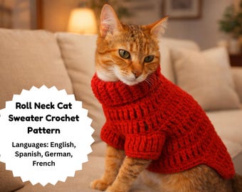 Roll Neck Cat Sweater Crochet Pattern | Easy Fit Pet Clothing | DIY Sweater PDF | Multi Language