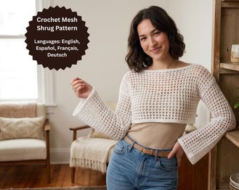 Open Mesh Cropped Shrug Crochet Pattern PDF, Beginner Filet Mesh Bolero, Summer Cardigan, XS-5XL, Digital Download