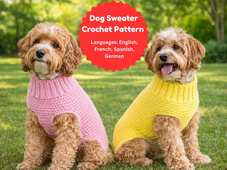 May include: Two dogs wearing handmade crochet dog sweaters, one pink and one yellow, sit on green grass. A red circular graphic reads "Dog Sweater Crochet Pattern" with language options. The dogs have brown fur and are outdoors.