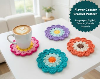 Patrón de posavasos de margaritas a crochet en PDF, patrón de posavasos de flores, posavasos de crochet fácil, patrón floral, idea de regalo DIY, descarga digital