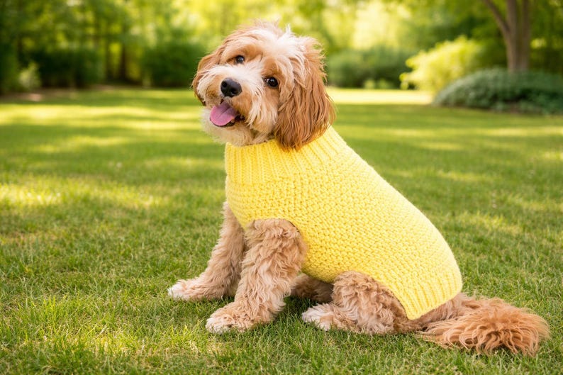 May include: A dog with light brown and white fur wearing a yellow knitted sweater, sitting on grass. The dog is looking at the camera with its tongue out. The background is a blurred green lawn and trees.