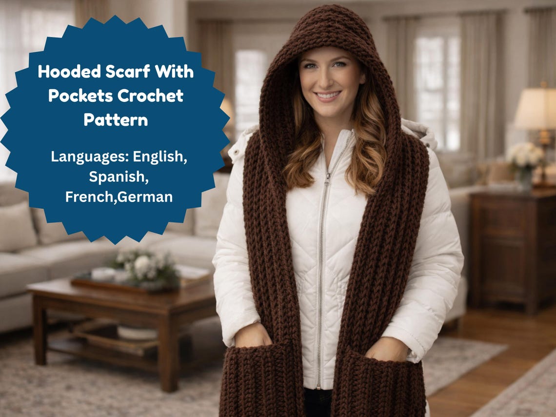 Hooded Scarf Crochet Pattern PDF, Winter Scarf With Pockets , Teen ...